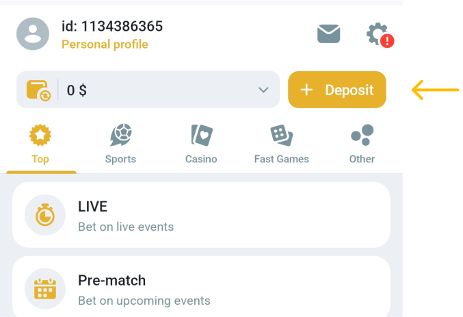 Click on the Deposit button Melbet betapk Zambia